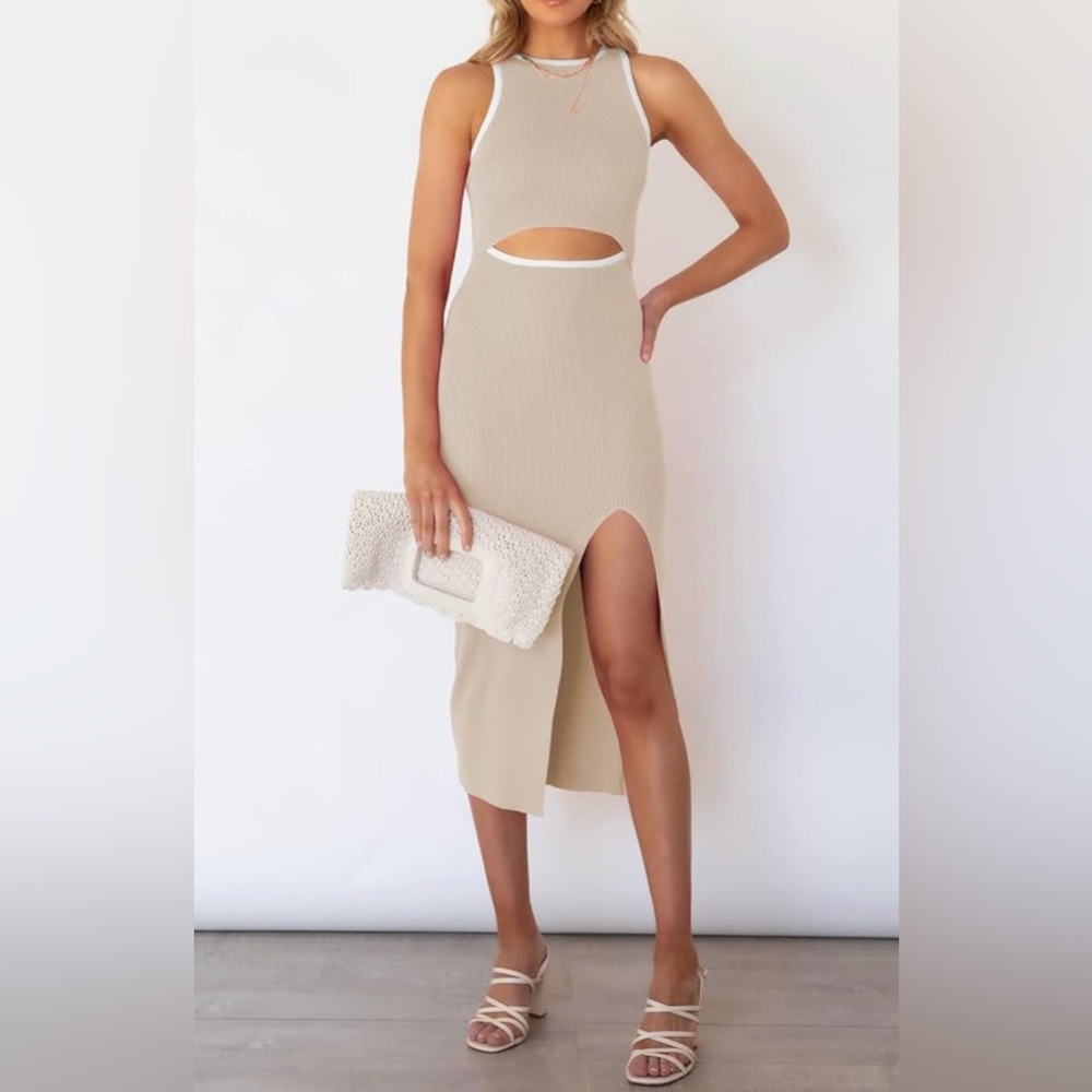 Amazon Tan Cut-Out Midi dress with slit - small